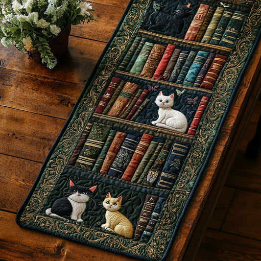 Cat In Library WY2404028CL Quilted Table Runner