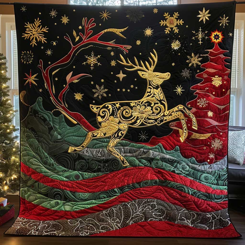 Santa's Golden Reindeer Christmas WP1710022CL Quilt