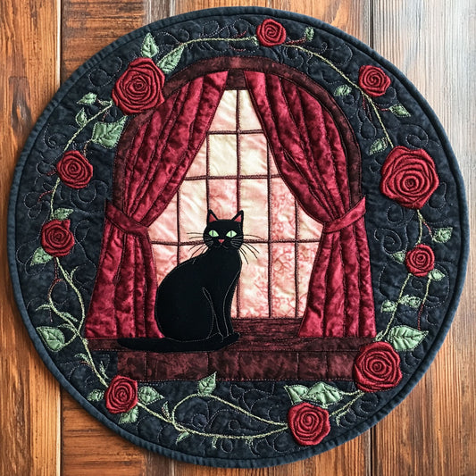 Black Cat And Roses WU2503103CL Quilted Round Mat