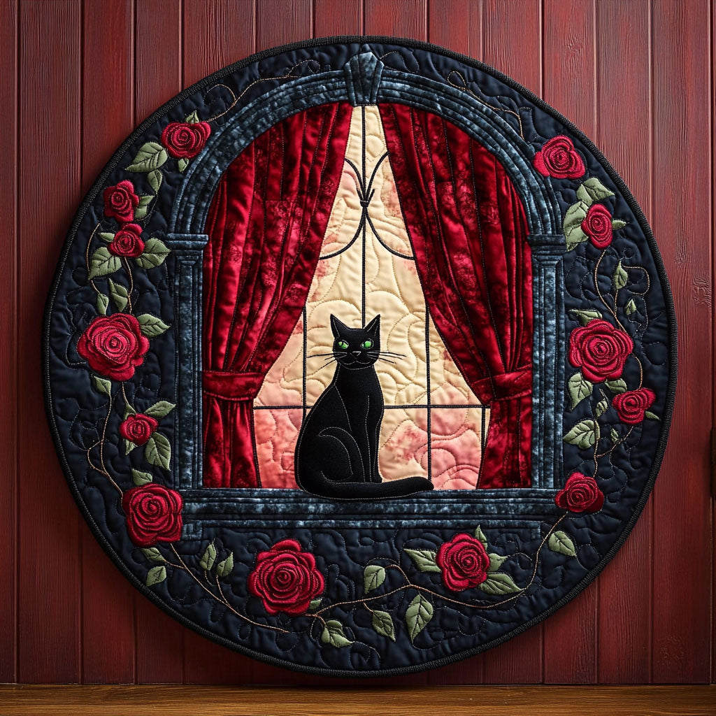 Black Cat And Roses WU2503104CL Quilted Round Mat