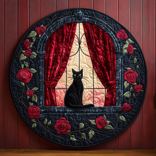 Black Cat And Roses WU2503104CL Quilted Round Mat