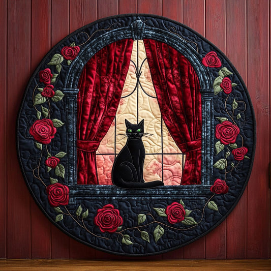 Black Cat And Roses WU2503104CL Quilted Round Mat