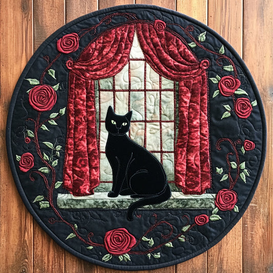 Black Cat And Roses WU2503105CL Quilted Round Mat