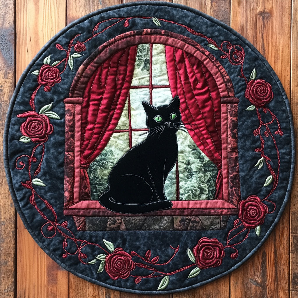 Black Cat Through The Window WU2503106CL Quilted Round Mat