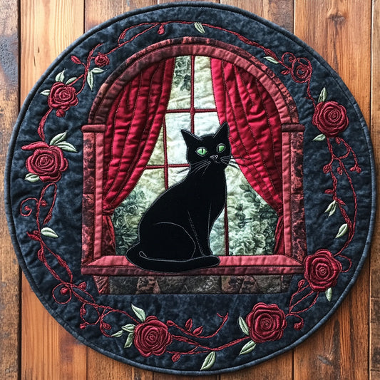 Black Cat Through The Window WU2503106CL Quilted Round Mat