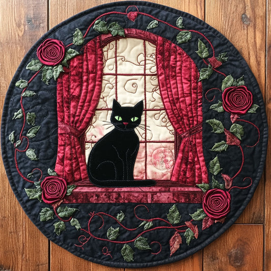 Black Cat Through The Window WU2503108CL Quilted Round Mat
