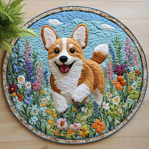 Corgi in Garden CW0407017CL Quilted Round Mat