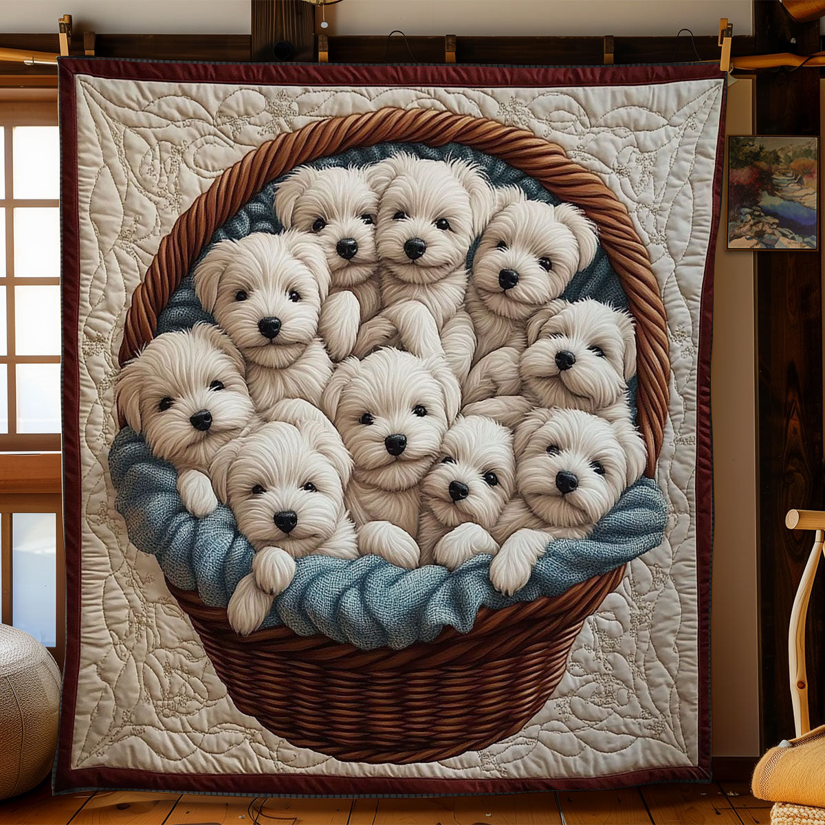 Terriers In Wicker Basket WY0801067CL Quilt