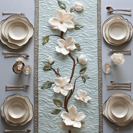 Elegant White Magnolia WY0506017CL Quilted Table Runner