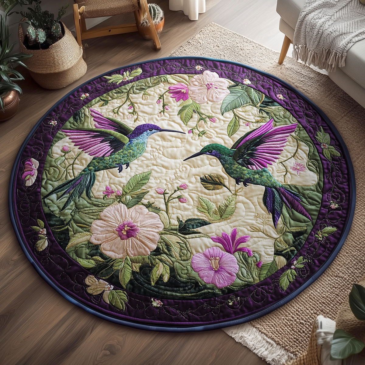Hummingbire In Purple Garden WY2203057CL Quilted Round Mat