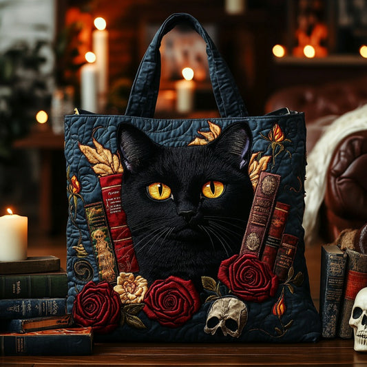 Black Cat And Roses XR2509033CL Quilted Tote Bag