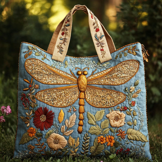 Golden Floral Dragonfly XR2509013CL Quilted Tote Bag