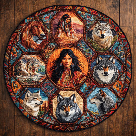 Crimson Feather Wolf And Woman WN0908013CL Quilted Round Mat