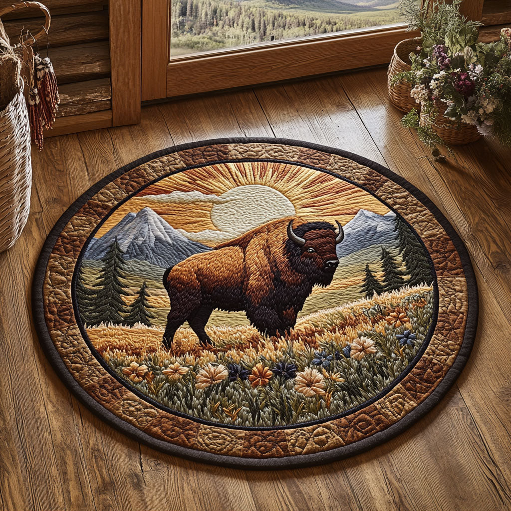 Bison Under Sunrise WY0206015CL Quilted Round Mat