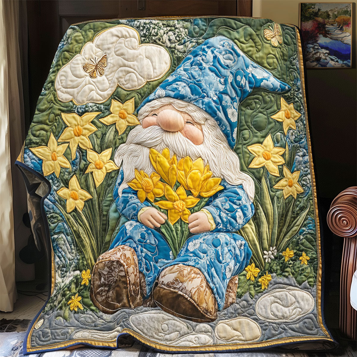 Blue Gnome In Garden WY1302022CL Quilt