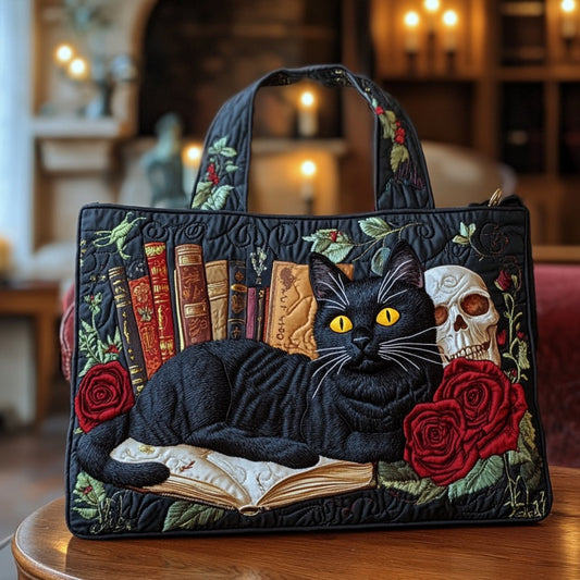 Black Cat In Library XR2509037CL Quilted Tote Bag