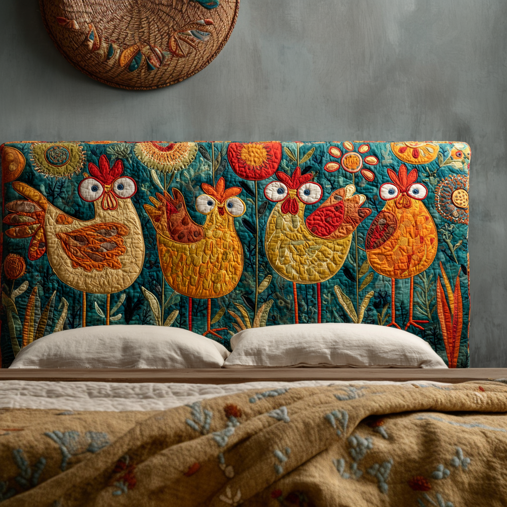 Whimsical Chickens XR2212008CL Quilted Headboard Slipcover