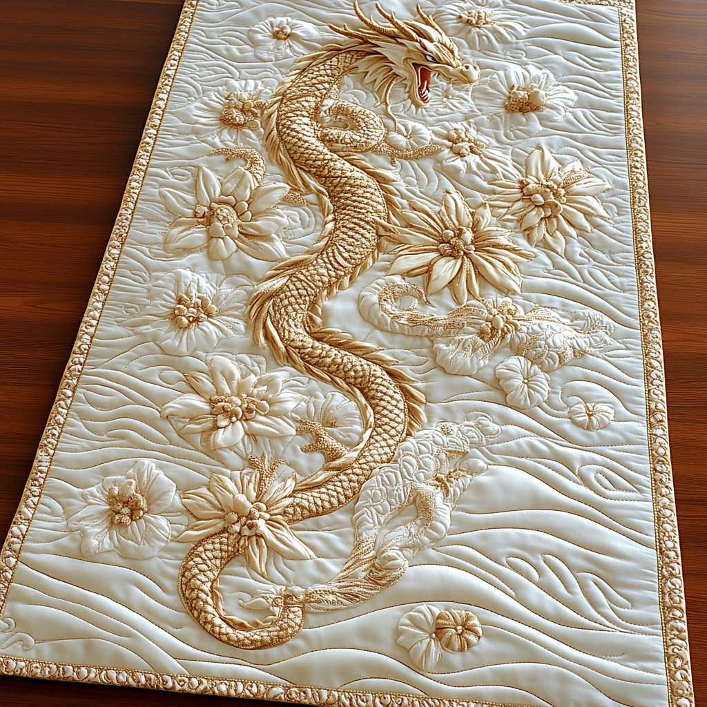 White Dragon And Flower WY0901149CL Quilted Table Runner