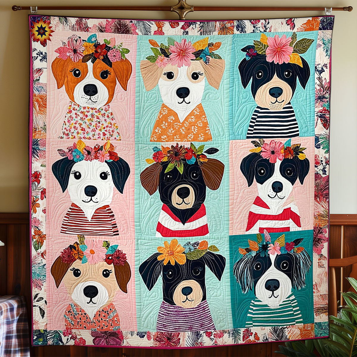 Flower Wreath Dog WY1912039CL Quilt