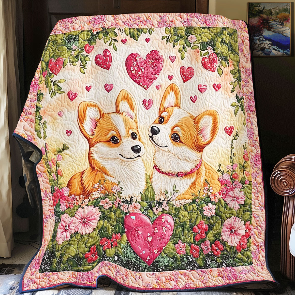 Corgi In Valentine Garden WY1701026CL Quilt