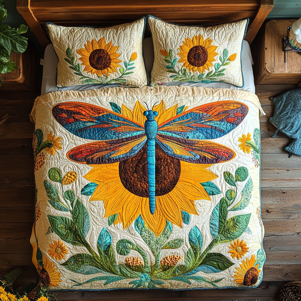 Teal Dragonfly And Sunflower WY2202091CL Duvet Cover Set