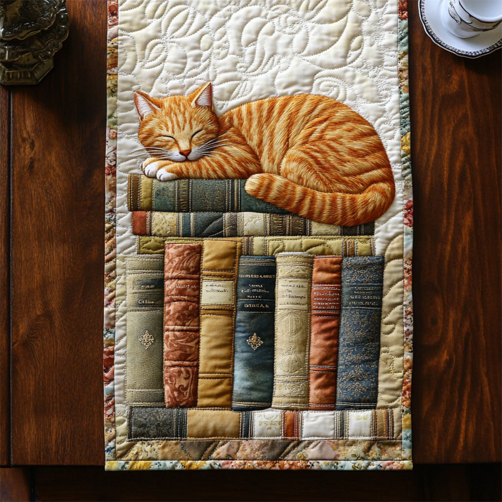 Sleeping Cat In Library WY2504046CL Quilted Table Runner