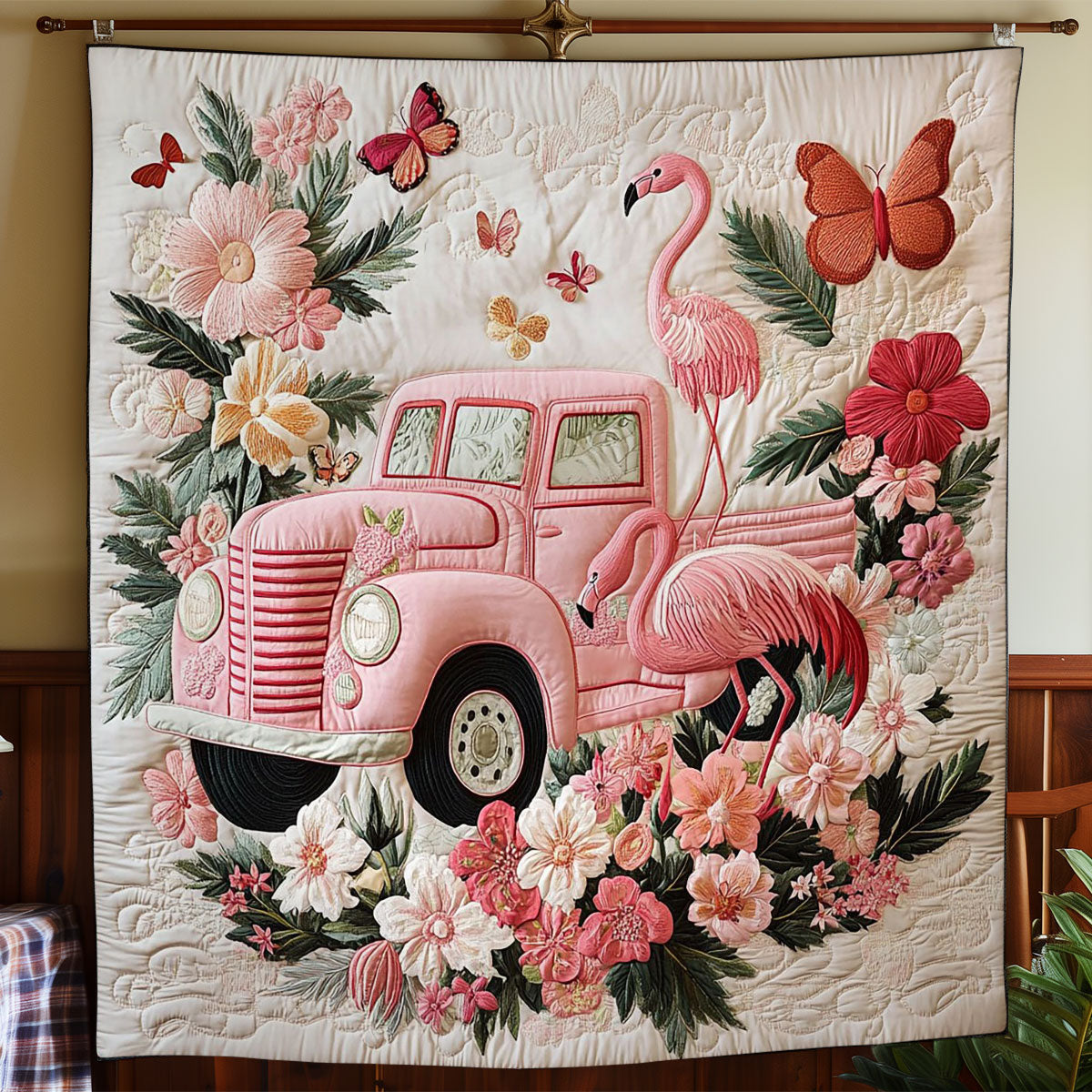 Pink Truck And Flamingo WY3012027CL Quilt