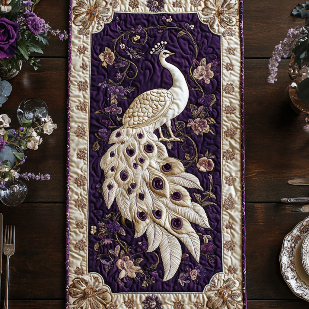 Purple White Peacock WY2205029CL Quilted Table Runner