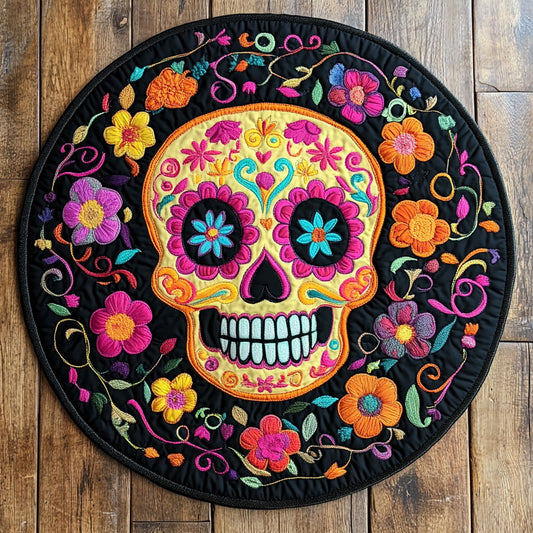 Floral Sugar Skull WU2203036CL Quilted Round Mat