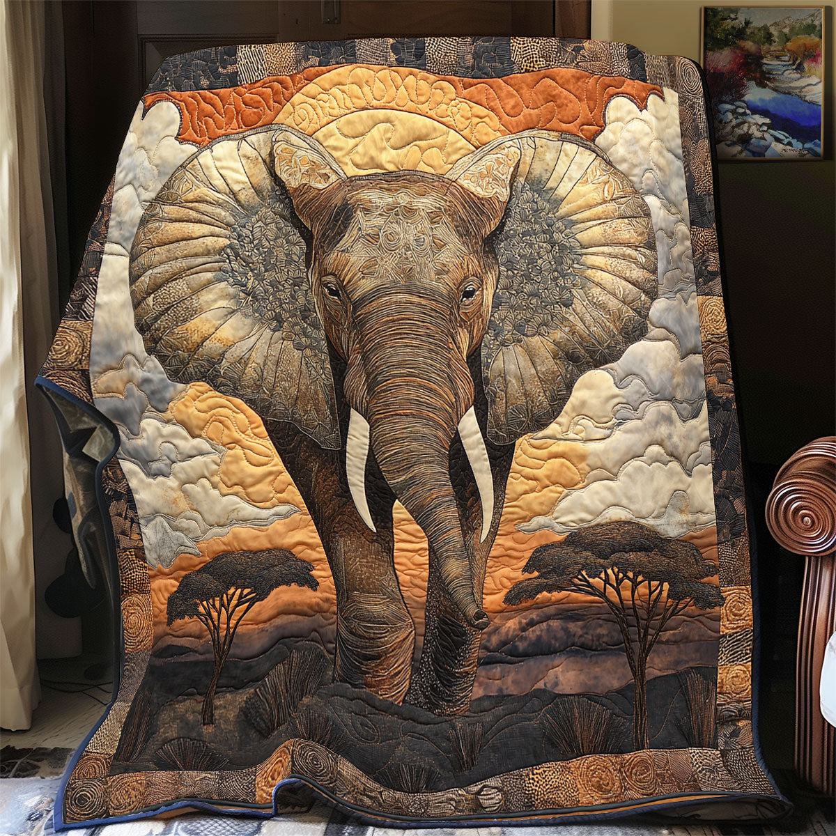 African Elephant's Sunset Journey WU1303073CL Quilt
