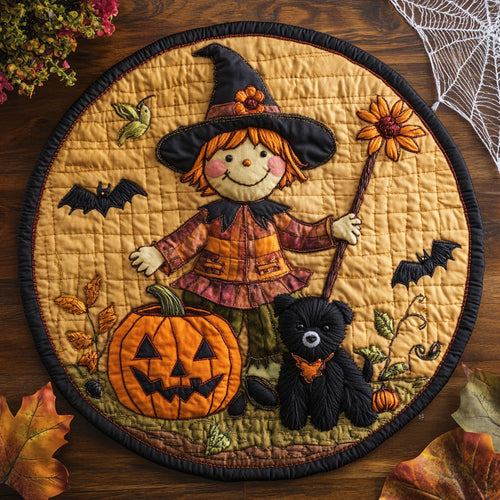 Pup Beside Scarecrow WN0508026CL Quilted Round Mat