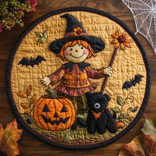 Pup Beside Scarecrow WN0508026CL Quilted Round Mat
