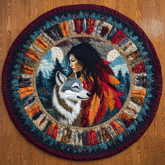 Sunset Spirit Wolf And Woman WN0908086CL Quilted Round Mat